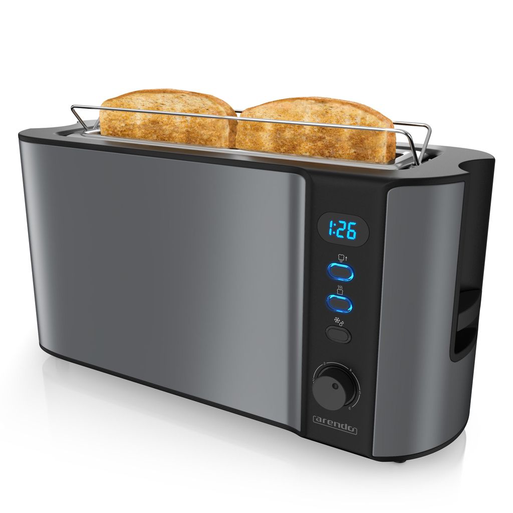 Arendo Toaster 2 Scheiben, Langschlitztoaster, Langschlitz, Edelstahl, 1000W, Display mit Restzeitanzeige, Brötchenaufsatz, Defrost Funktion, Wär...