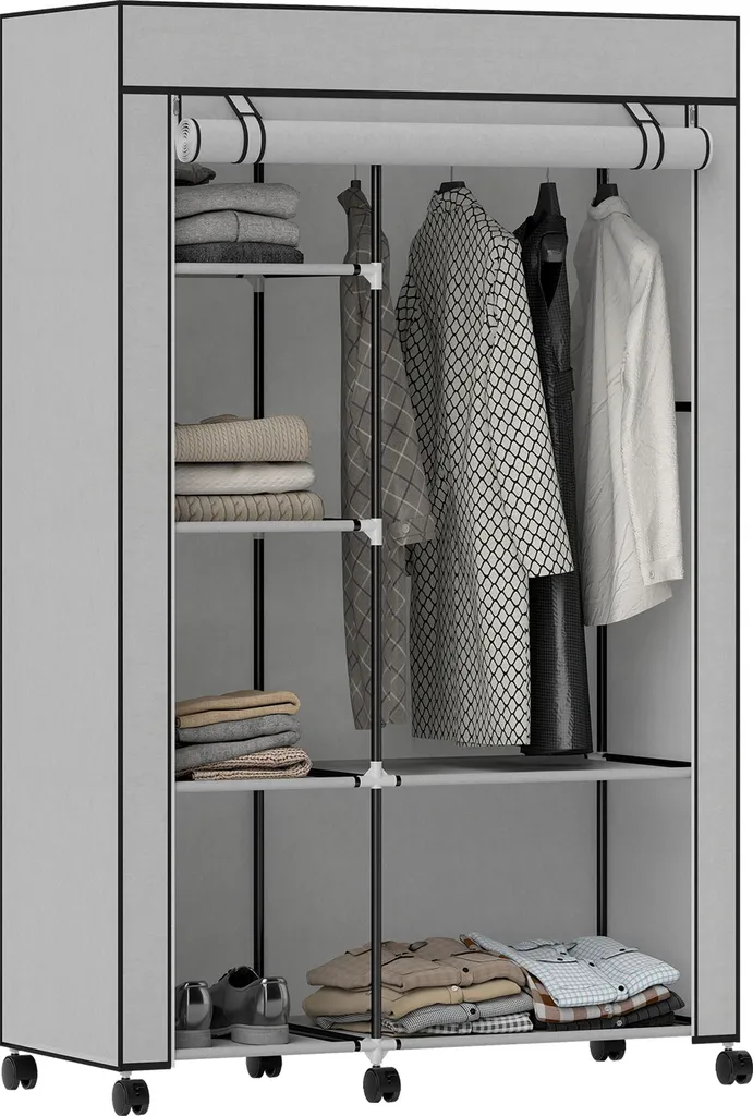 Meuble de Rangement Mobile pour Vêtements avec Tringle et Étagères Grises