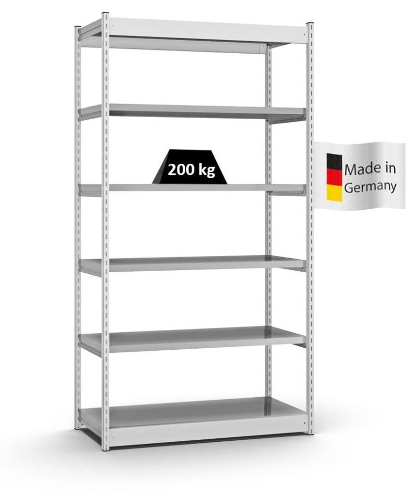 PROREGAL Fachbodenregal Stecksystem Vierkant-Profil MAGNUS Germany | HxBxT 250x132,5x50cm | 6 Ebenen | Fachlast 200kg | Lichtgrau/Verzinkt