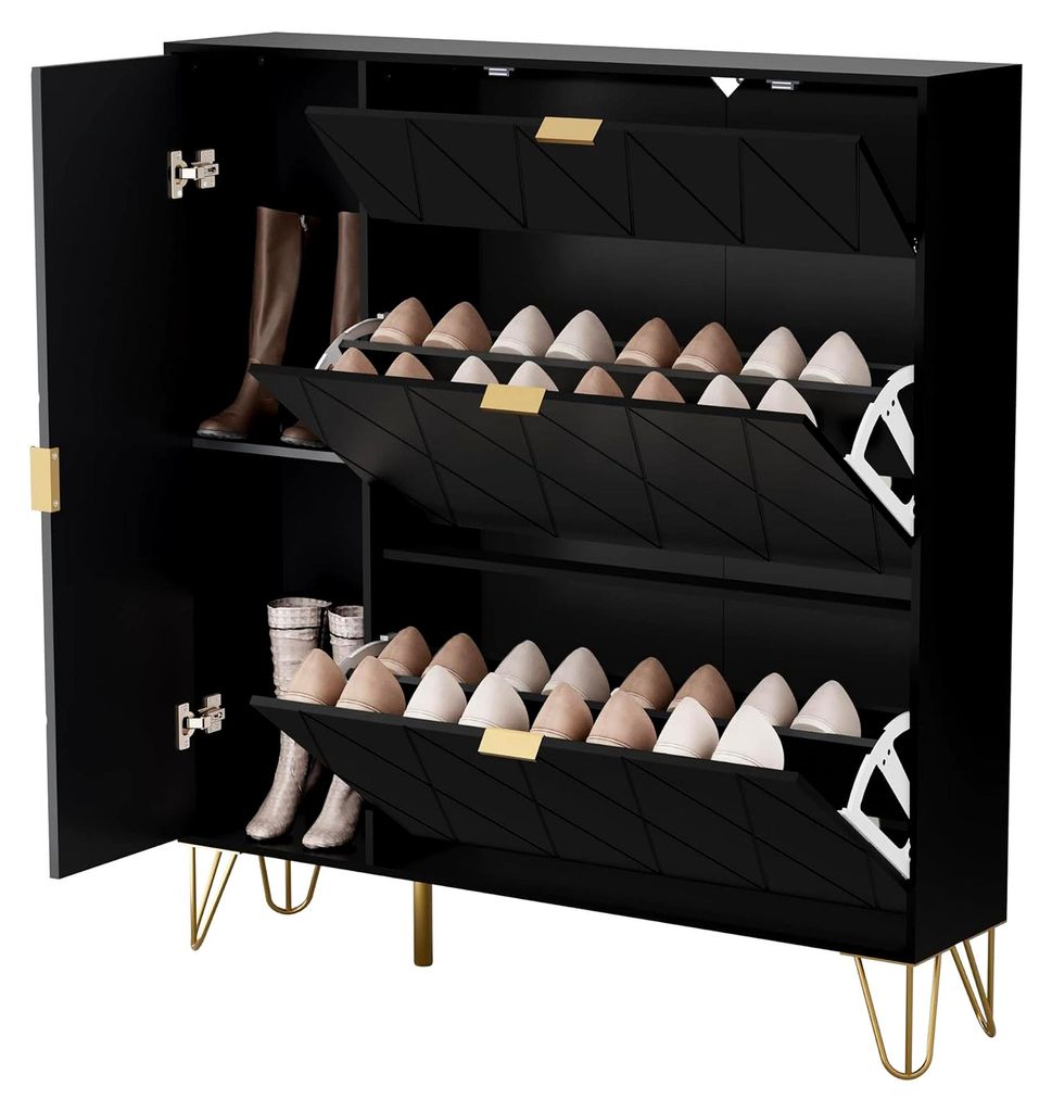 Schuhschrank mit 2 Klappen und 2 Türen, 105x24x120cm, Schuhkommode, Schuhschrank schwarz, Schuhkipper schmal, Schrank Flur Schuhkommode im Flur, p...