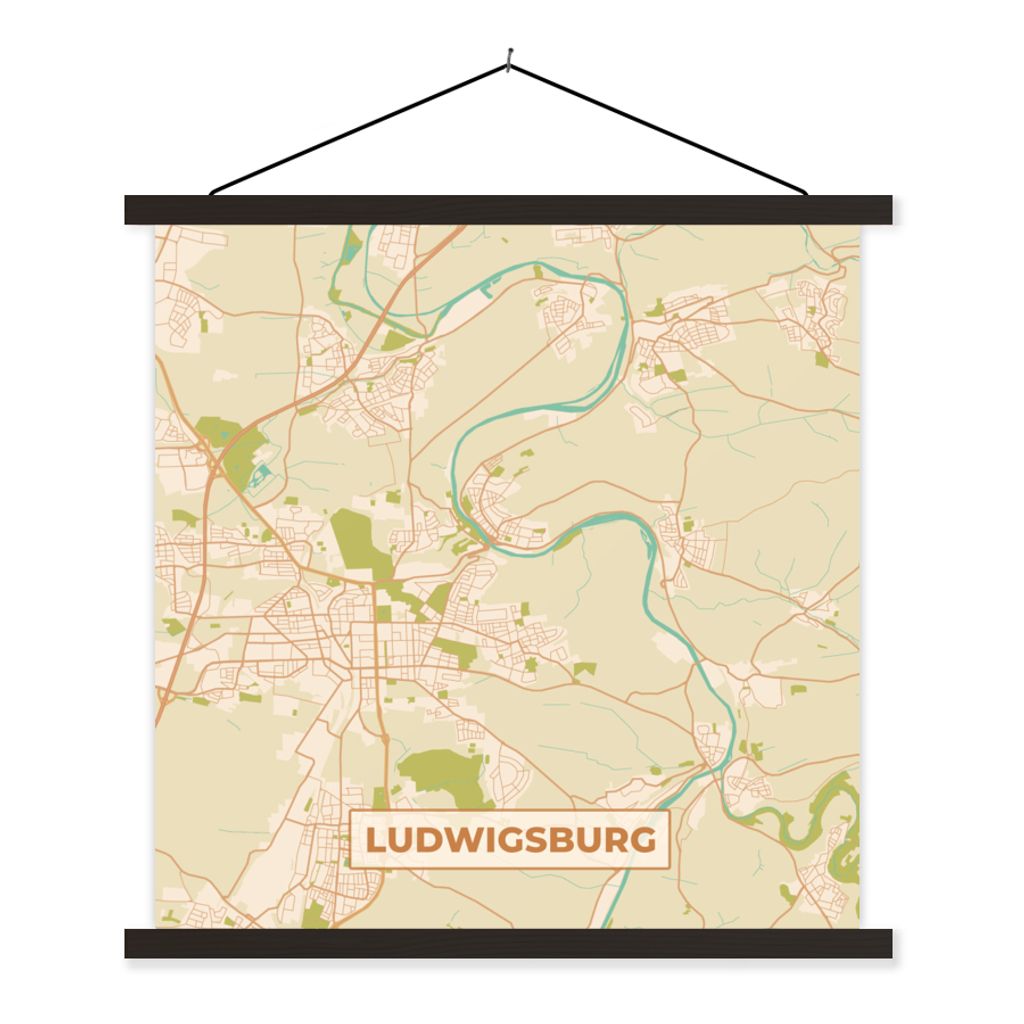 MuchoWow Textilposter Stadtplan - Ludwigsburg - Stadtplan - Vintage 40x40 cm mit schwarzem Rahmen - Fotos