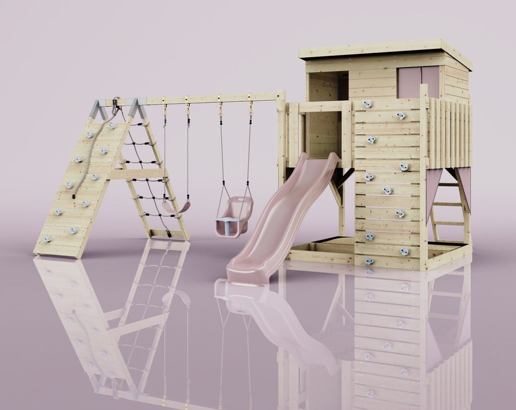 OutdoorToys Spielturm Aksel aus Holz in Rosa Altrosa, mit Babyschaukel