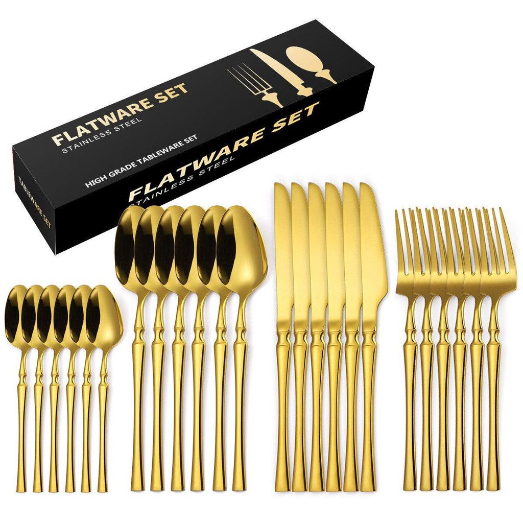 24 Stück Besteck Set, Essbesteck Set für 6 Personen,Edelstahl, Spülmaschinenfes, Gold