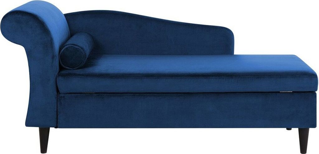 BELIANI Chaiselongue Linksseitig Marineblau Samt mit Armlehne Stauraum und Nackenrolle Dunkle Holzfüße Hohe Lehne Retro-Design Wohnzimmer Liegesofa