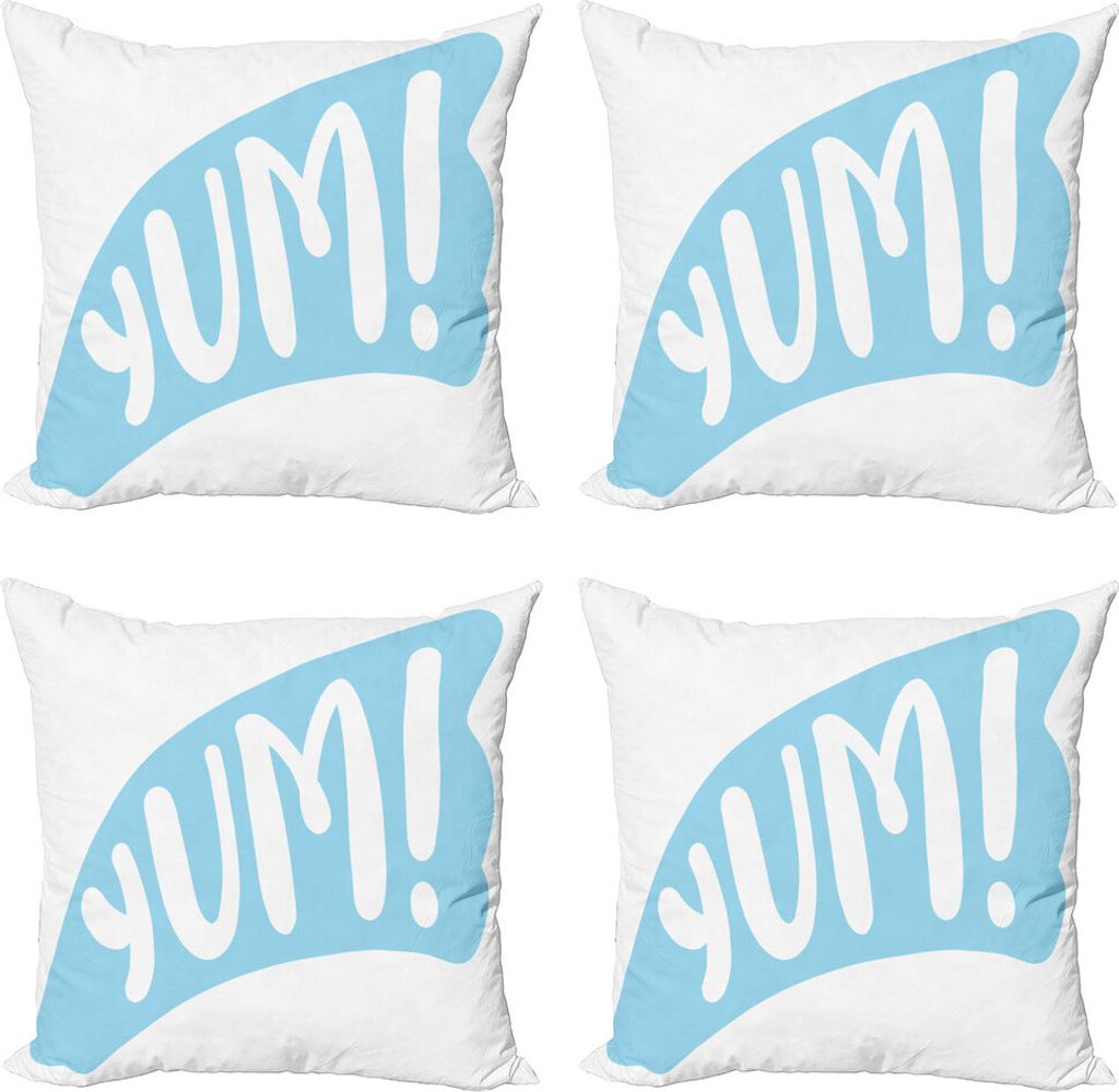 ABAKUHAUS Yum Kissenbezug Set (4 Stück), Simplistic Wording auf Strokes, Moderner Doppelseitiger Digitaldruck, 50 cm x 50 cm, Baby-Blau und Weiß