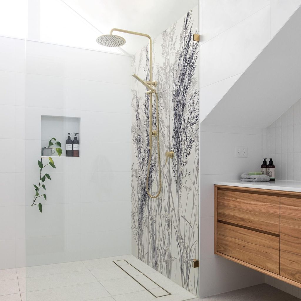Duschrückwand mit Motiv selbstklebend - 0.35 mm Wandpaneel wasserfest Gräser grau Landhaus Badrückwand fugenlos Smart matt 100x210 cm