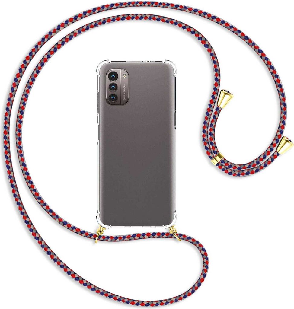 Handykette Backcover-Schutzhülle mit Band (Metall goldfarben) für Nokia G11 / G21 - silber/blau/rot