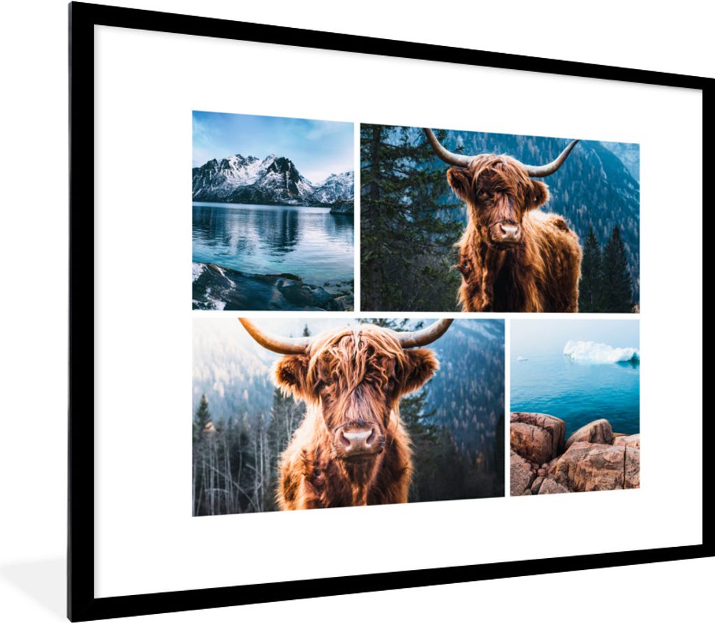 MuchoWow Gerahmtes Poster Schottischer Highlander - Collage - Berg 80x60 cm - Poster mit Schwarzem Bilderrahmen Wandposter Rahmen Foto Bilder - S...