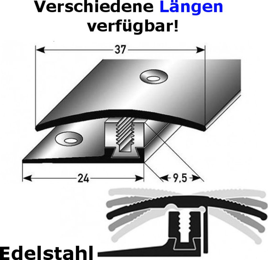 Übergangsprofil / Übergangsschiene Laminat "Perth", Höhe 7 x17 mm, 37 mm breit, 3-teilig, Edelstahl, gebohrt, Flex-2700