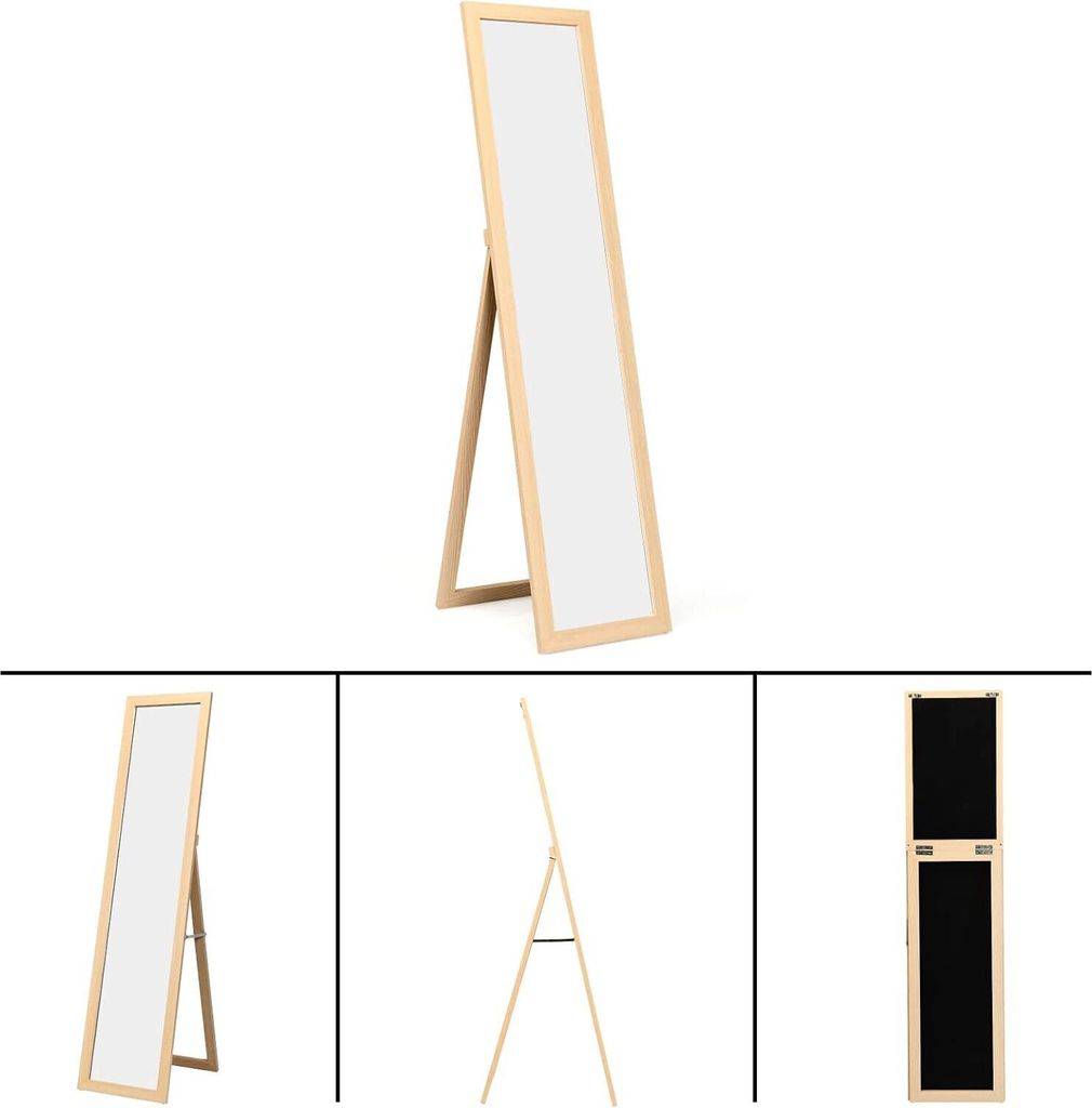 A full-length mirror with a wooden frame, shown from different angles and in a folded state.