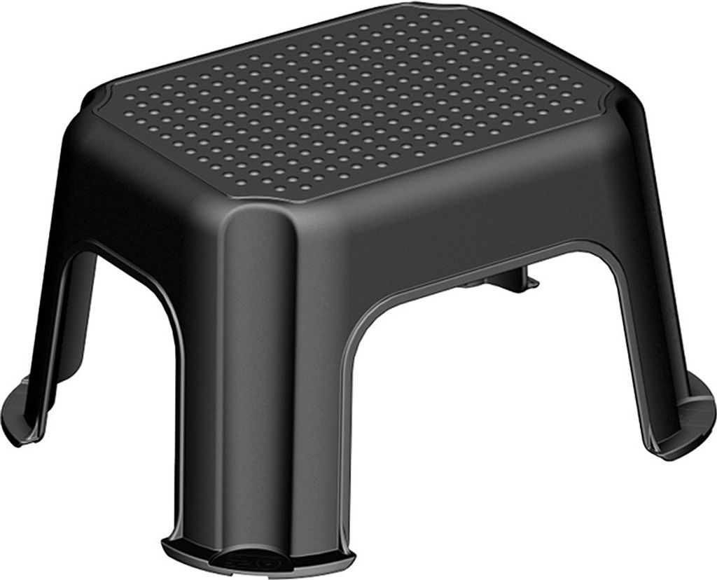 A black plastic step stool with a textured top surface and four legs.