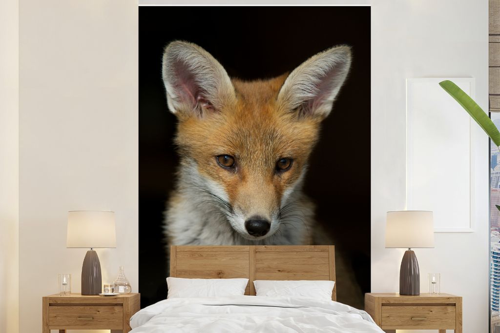 MuchoWow Fototapete für Wohnzimmer oder Schlafzimmer Wandtapete Vinyl Motivtapete Fuchs - Porträt - Schwarz - 195x300 cm - Das Hintergrundbild