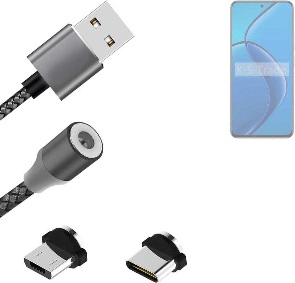 K-S-Trade Hochwertiges Magnet-Lade-kabel Sync-Kabel Daten-Kabel kompatibel mit Realme 12 4G mit USB-Typ-C-Anschluss und Micro-USB-Anschluss 2A bis zu