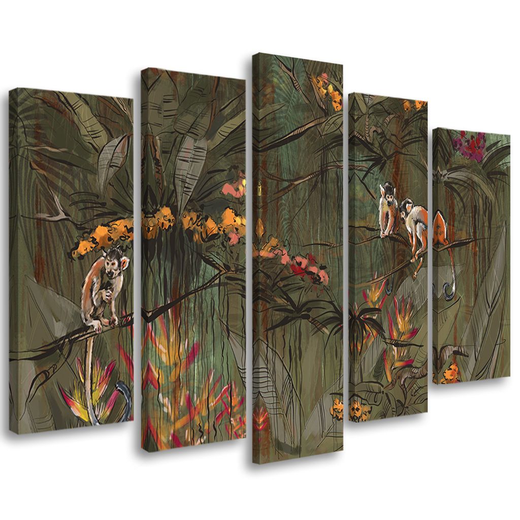 5-teiliges leinwandbild affen im dschungel 150x100 cm Feeby grün wandbild bereit zum aufhängen