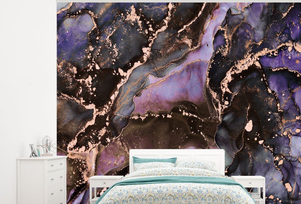 MuchoWow Fototapete für Wohnzimmer oder Schlafzimmer Wandtapete Vinyl Motivtapete Marmor - Gold - Rosa - 375x300 cm - Tapezierpapier