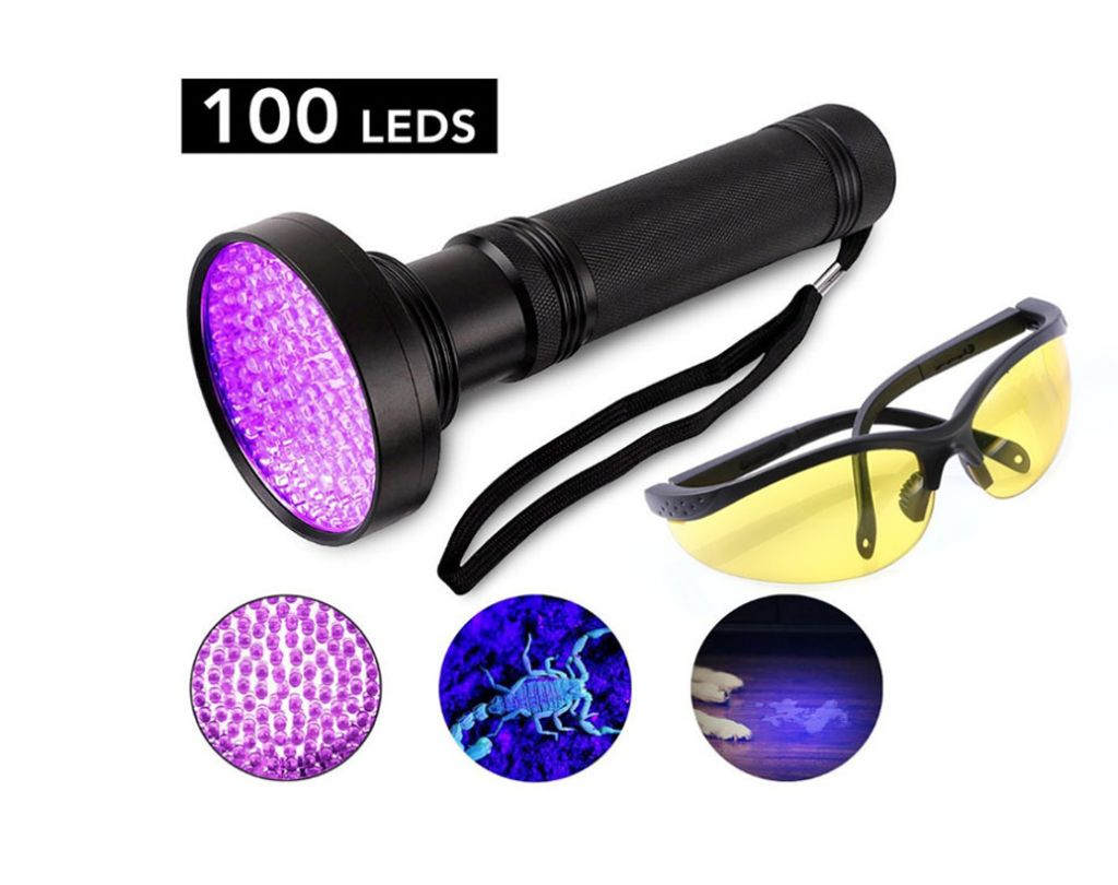 395nm Ultraviolett 100 LED UV Taschenlampe Schwarzlicht Handlampe & Schutzbrille 