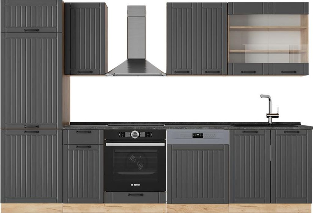 Vicco Küchenzeile Fame-Line, 300 cm , AP Anthrazit, Dunkelgrau/Goldkraft Eiche