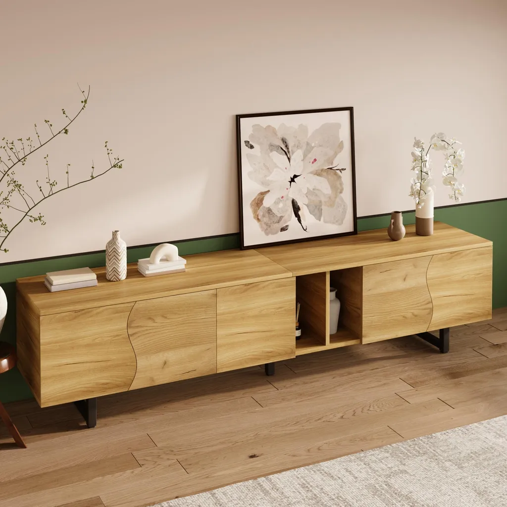 Meuble TV Bas 191 cm Design Unique, Support TV avec 5 Compartiments Fermés - 9
