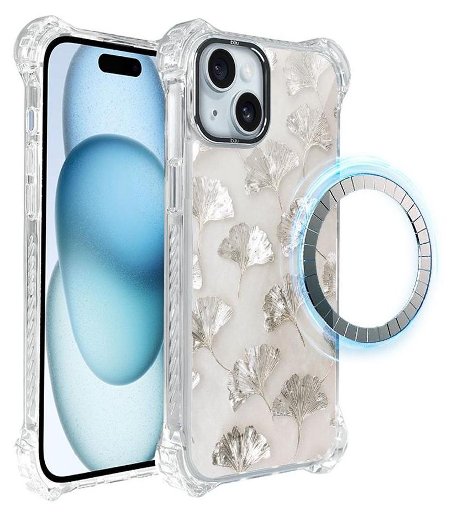 Schutzhülle für das iPhone 15 Plus, MagSafe-kompatibel, verstärkte Ecken, transparente Seiten, weißer Marmor, silberne Blätter