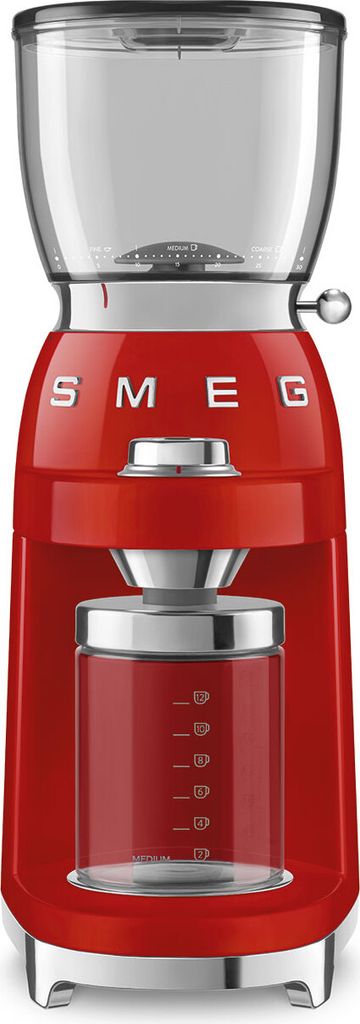 A red Smeg coffee grinder shown from the front on a white background.