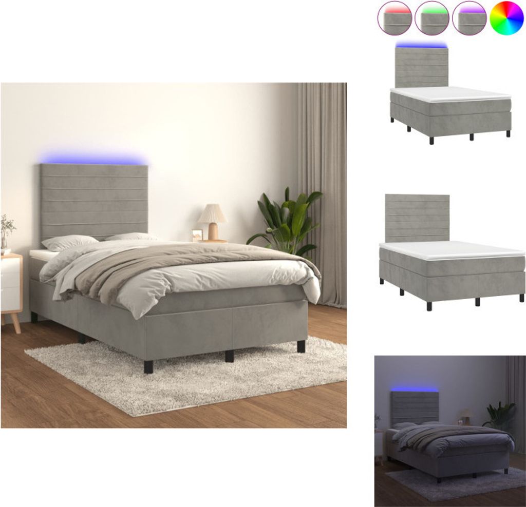 vidaXL Boxspringbett mit Matratze & LED Hellgrau 120x200 cm Samt - Betten & Bettgestelle