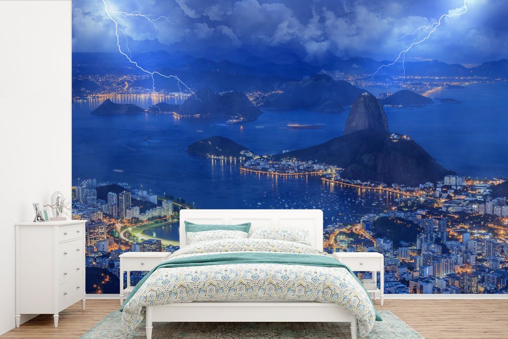 MuchoWow Fototapete für Wohnzimmer oder Schlafzimmer Wandtapete Vinyl Motivtapete Sturm - Rio de Janeiro - Nacht - 390x260 cm - Papiertapete