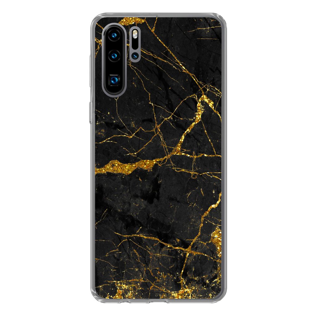 MuchoWow Handyhülle Schutzhülle Hülle für Huawei P30 Pro Marmor - Gold - Schwarz - Marmoroptik - Luxus - Glitzer Silikon Softcase Handy Hüll...