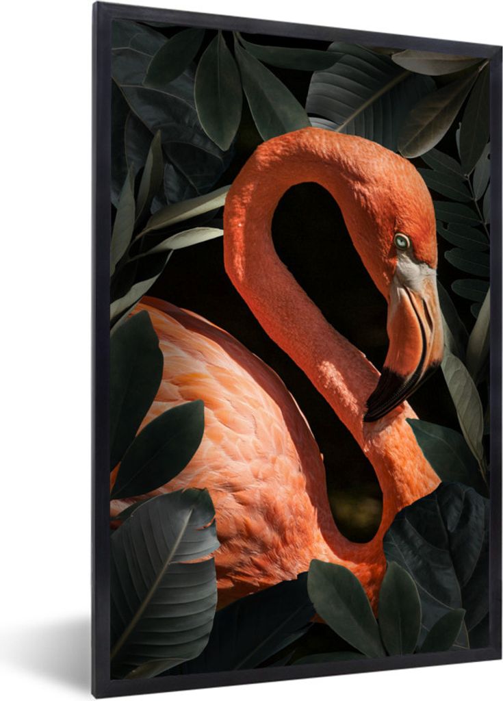 MuchoWow MuchoWow Gerahmtes Poster Flamingo - Porträt - Blätter 20x30 cm - Poster mit zchwarzem Bilderrahmen - Drucken - Bilder Poster im Rahmen