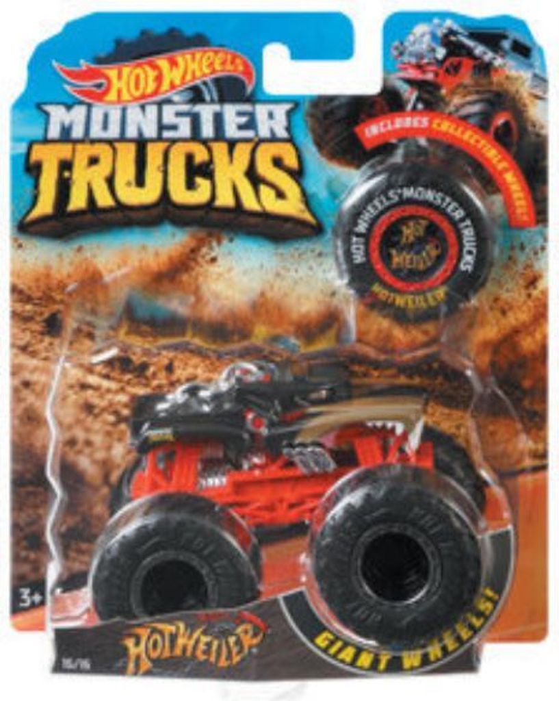 A Hot Wheels Monster Truck toy in its retail packaging, with a dirt-themed background.