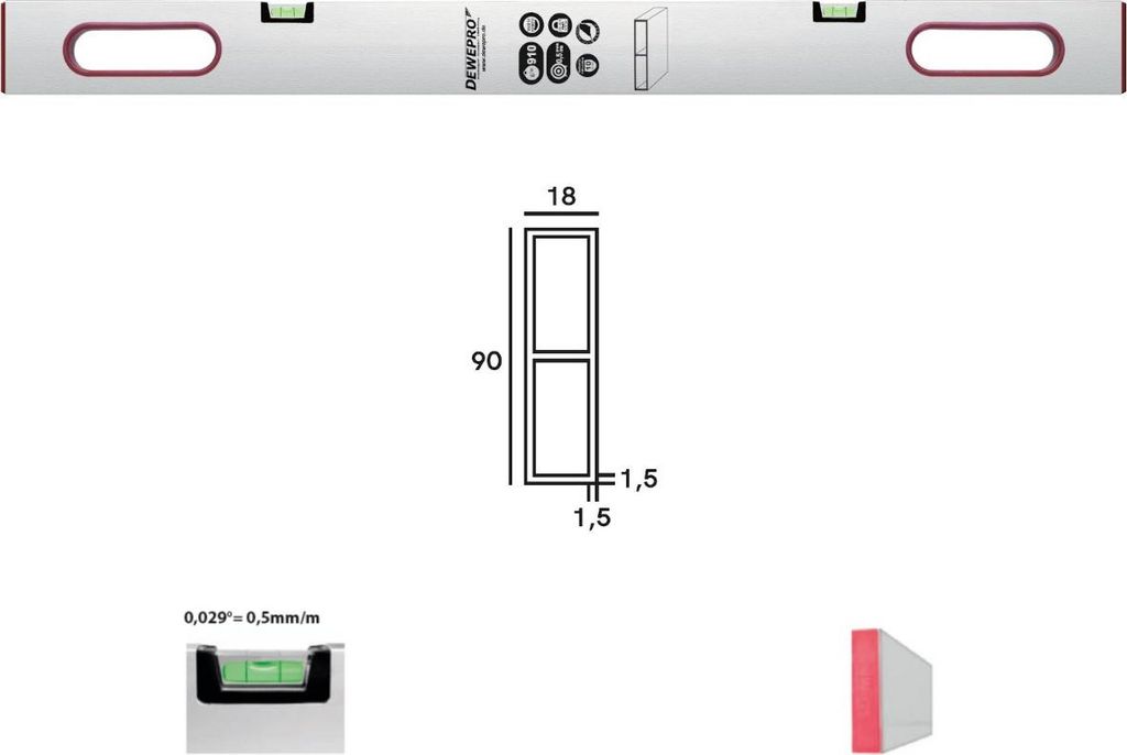 DEWEPRO Alu Richtlatte Setzlatte - 2 Libellen - 2 Handgriffe 200cm 2m