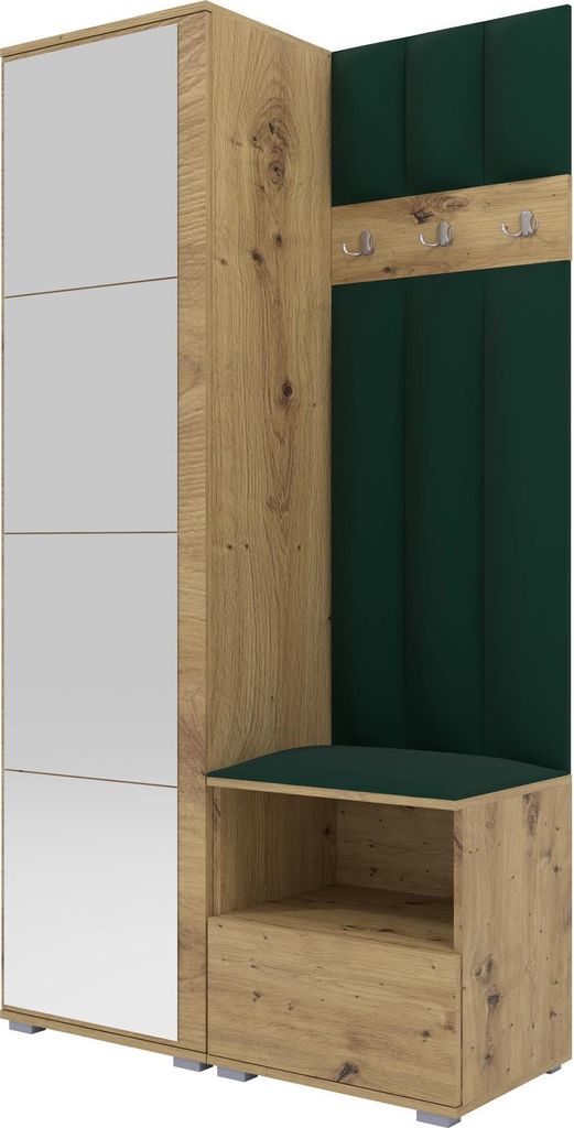 Garderoben-Set Nela I LUX mit Spiegel, gepolsterte Garderobe 100 cm mit Sitzbank, Wandpaneelen und Stauraum (Farbe: Artisan Eiche + Trinity 28)