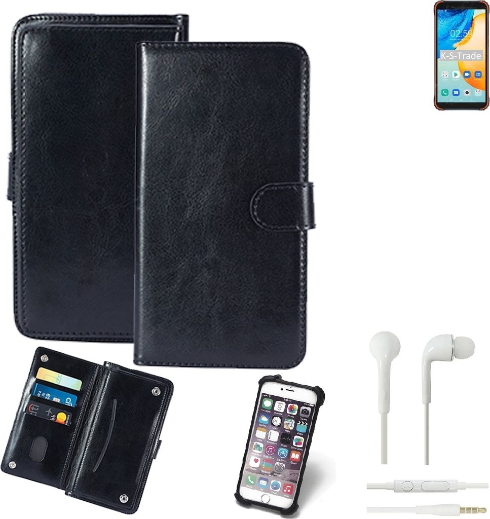 K-S-Trade 360° Hülle kompatibel mit Blackview BV4900 Pro inkl. Headphones schwarz Kunstleder Case BookCase WalletCase Kunstlederederhülle