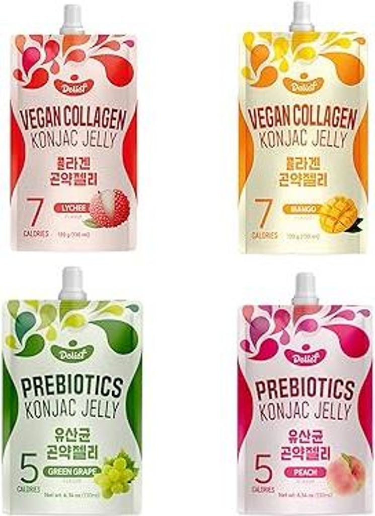 4 x Vegan Collagen Konjac Jelly(Pfirsich, Mango, Grüne Traube, Traube) 7 kcal pro Beutel | Glutenfrei, Pflanzlich, Low-Carb Snack | 120 g / 130 ...