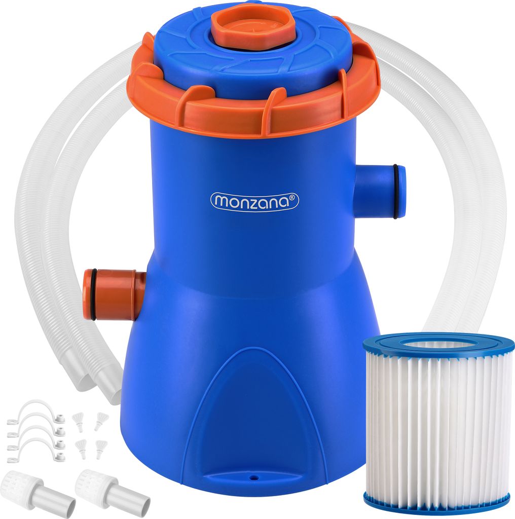 A blue and orange pool filter pump with hoses and a filter cartridge, presented on a white background.