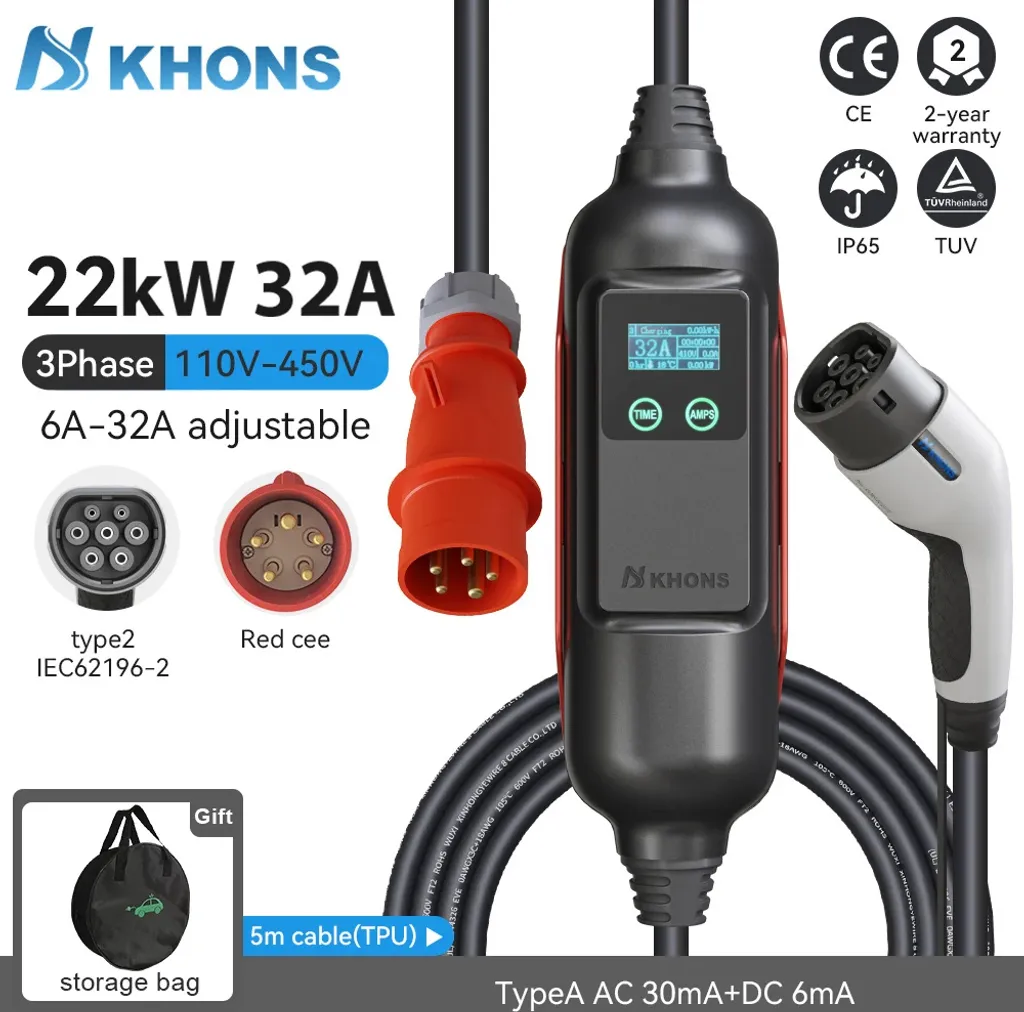 Chargeur EV Khons 22 kW 32A triphasé Type 2 pour voiture électrique