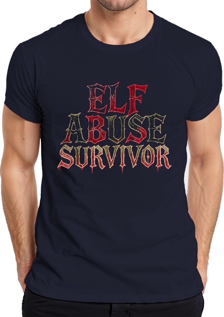 ELF ABUSE SURVIVOR Weihnachten dunkelhumor Gothic Horror Geschenk Herren T-Shirt, Navy, 3XL