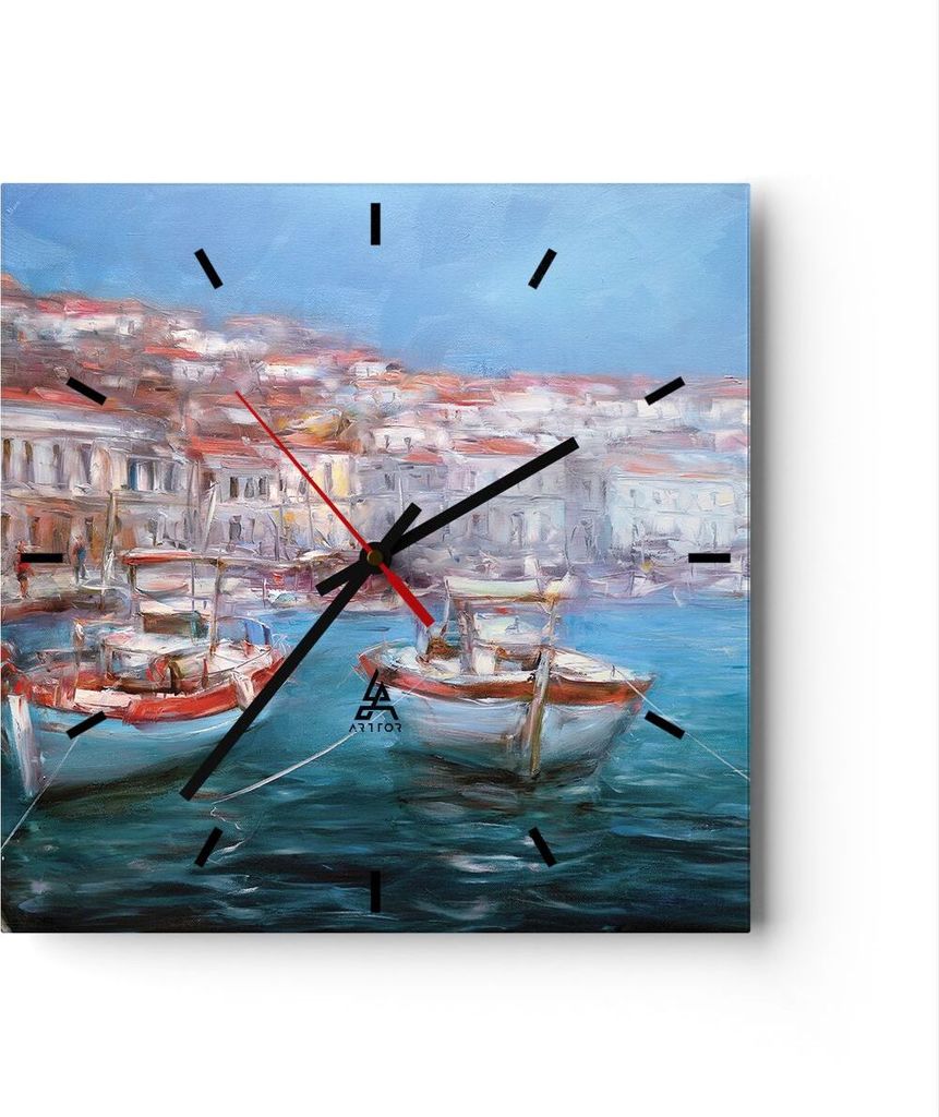 Wanduhr - Quadrat - Glasuhr - Öl Boote Griechenland - 40x40cm - Schleichendes Uhrwerk - Lautlos - zum Aufhängen bereit - Dekoration Modern - Wand...