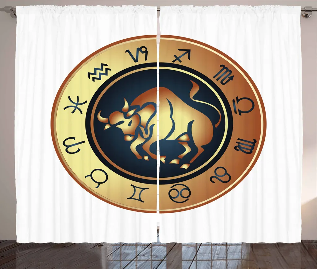 ABAKUHAUS Segno zodiacale Toro Tenda rustica, cerchio Toro, soggiorno Nastro universale Tende con passanti e ganci, 280 x 175 cm, marrone chiaro giallo indaco