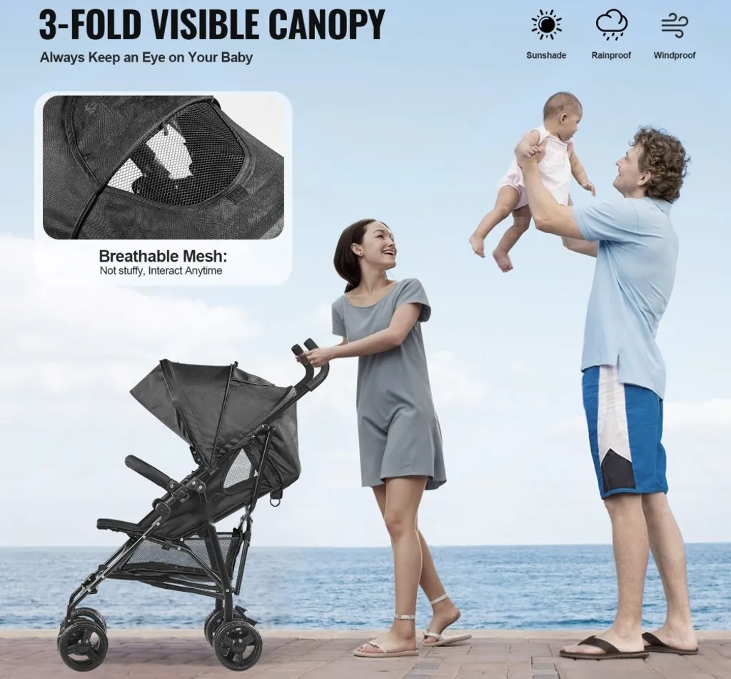 Poussette Buggy compacte noir dossier réglable - Confort enfant optimal