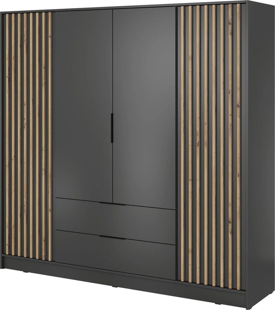 Kleiderschrank Stilo Graphit Grau mit Lamellen – 206 cm, 4 Türen, 2 Schubladen, Loft Design XXL