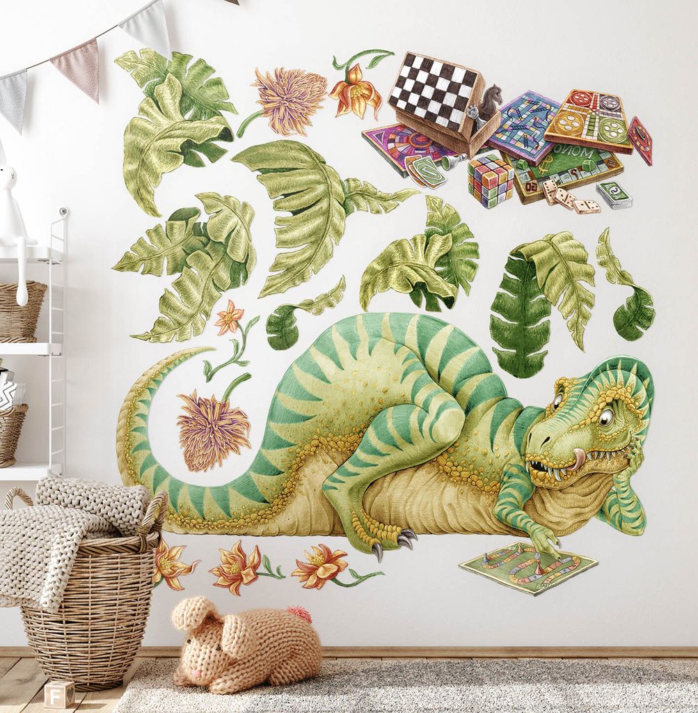 Dino mit Tafel – Wandgestaltung – Wandbilder Kinder – Motivtapeten Set – Wanddekor Kinderzimmer – Selbstklebende Wandsticker – 100x129 cm