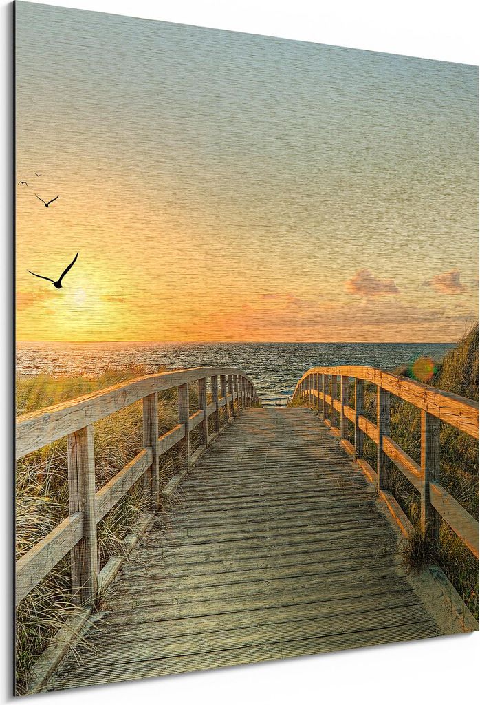 DEQORI Alu-Dibond Bild Gold 30x30 cm 'Dünenweg zum Meer' Wandbild Metall dünn Design
