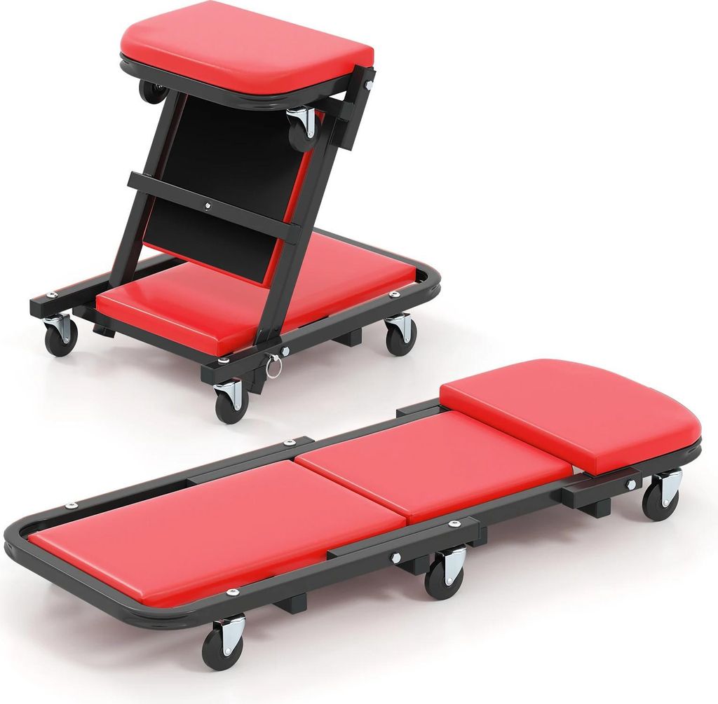 Werkstattliege 102 cm - Z-Creeper 2-in-1/Werkstattsitz - Klappbar - Niedriges Profil - Gepolsterter Sitz - Sechs Rollen - Rot