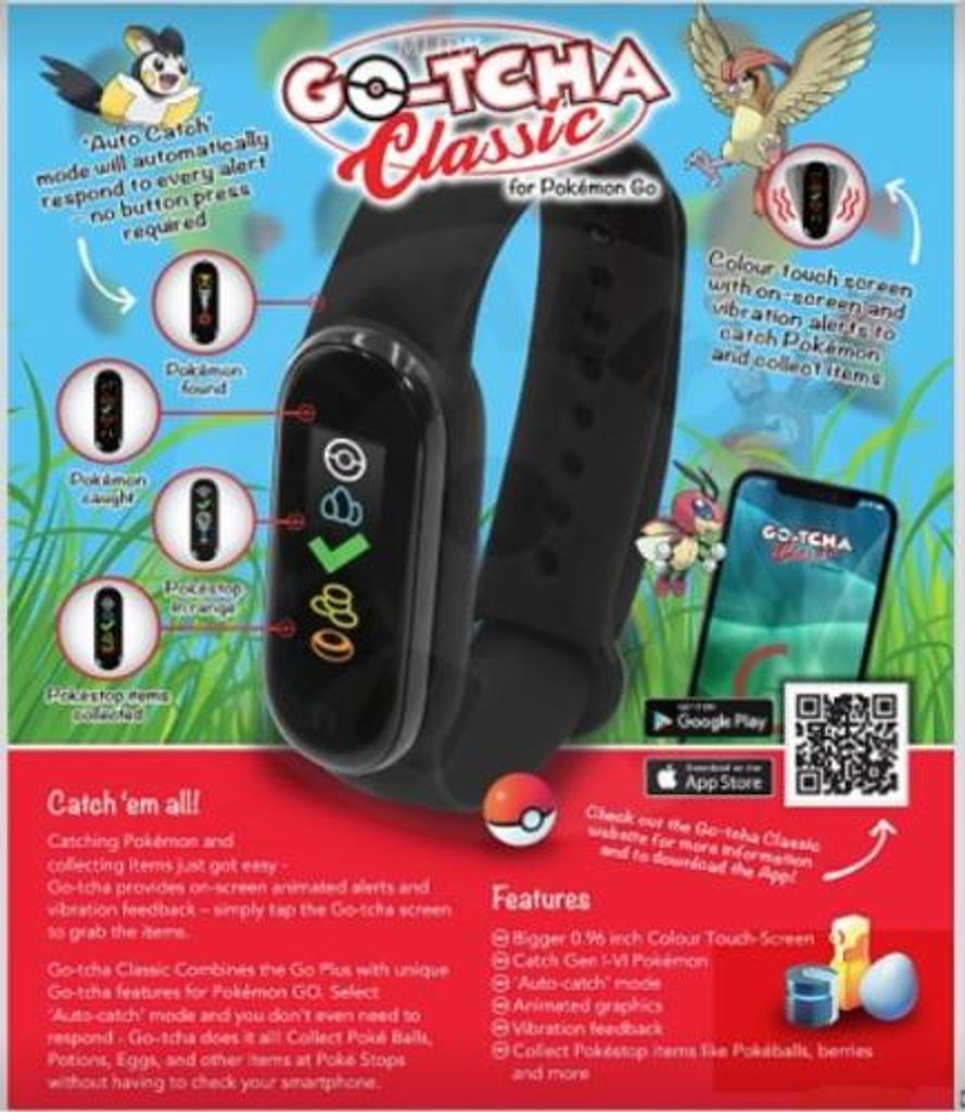 A promotional image for the GO-TCHA Classic for Pokemon Go device, showing the device, its features, and related app interface on a smartphone.
