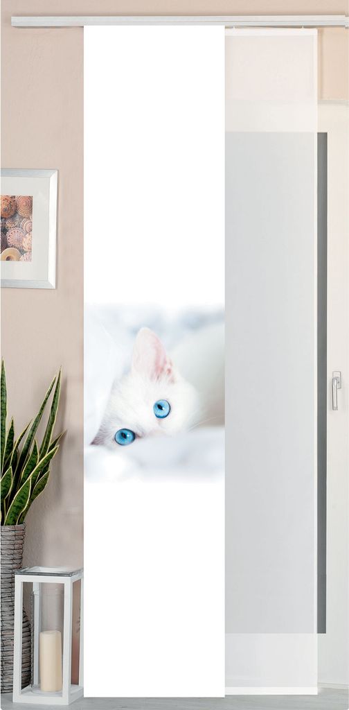 2er Set Schiebegardine Flächenvorhang Wildseide Optik und Voile Paneel, 245x45, Katze, 80400