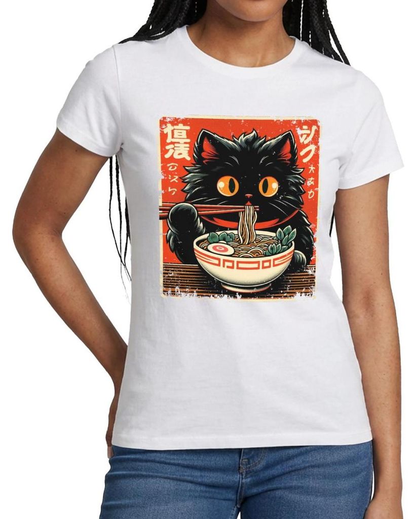 Spreadshirt Flauschige Ramen Katze Im Japan Style Frauen T-Shirt, XL, Weiß