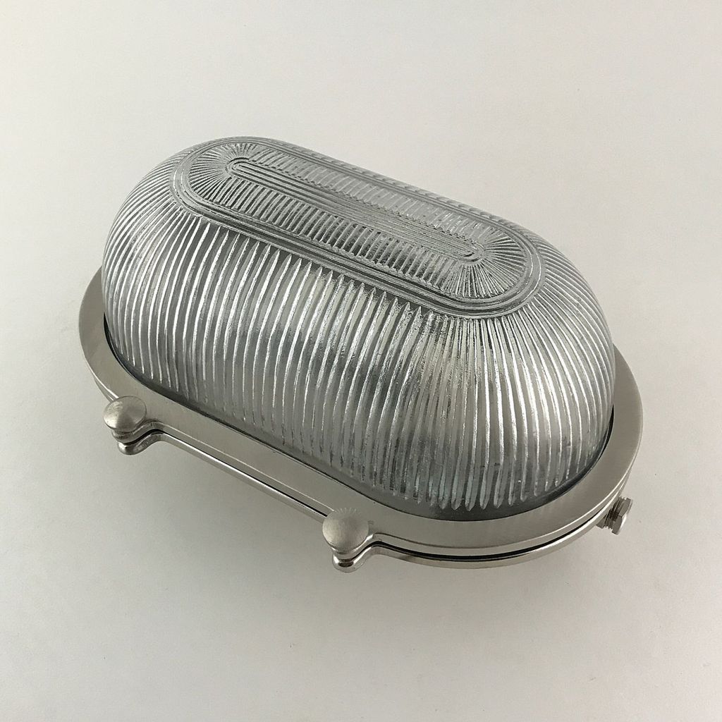 Wandlampe außen Messing massiv Glas B: 26 cm IP64 Nickel matt E27 Maritim Ovalleuchte