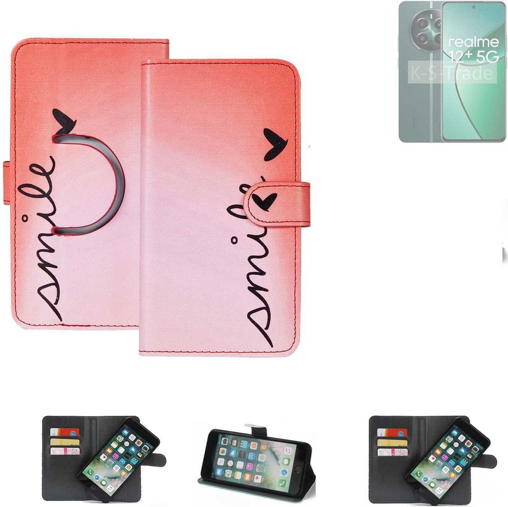 K-S-Trade Schutzhülle Handyhülle kompatibel mit Realme 12+ 5G Hülle cover bookstyle Etui ''smile'' rot Standfunktion Kameraschutz (1Stk)