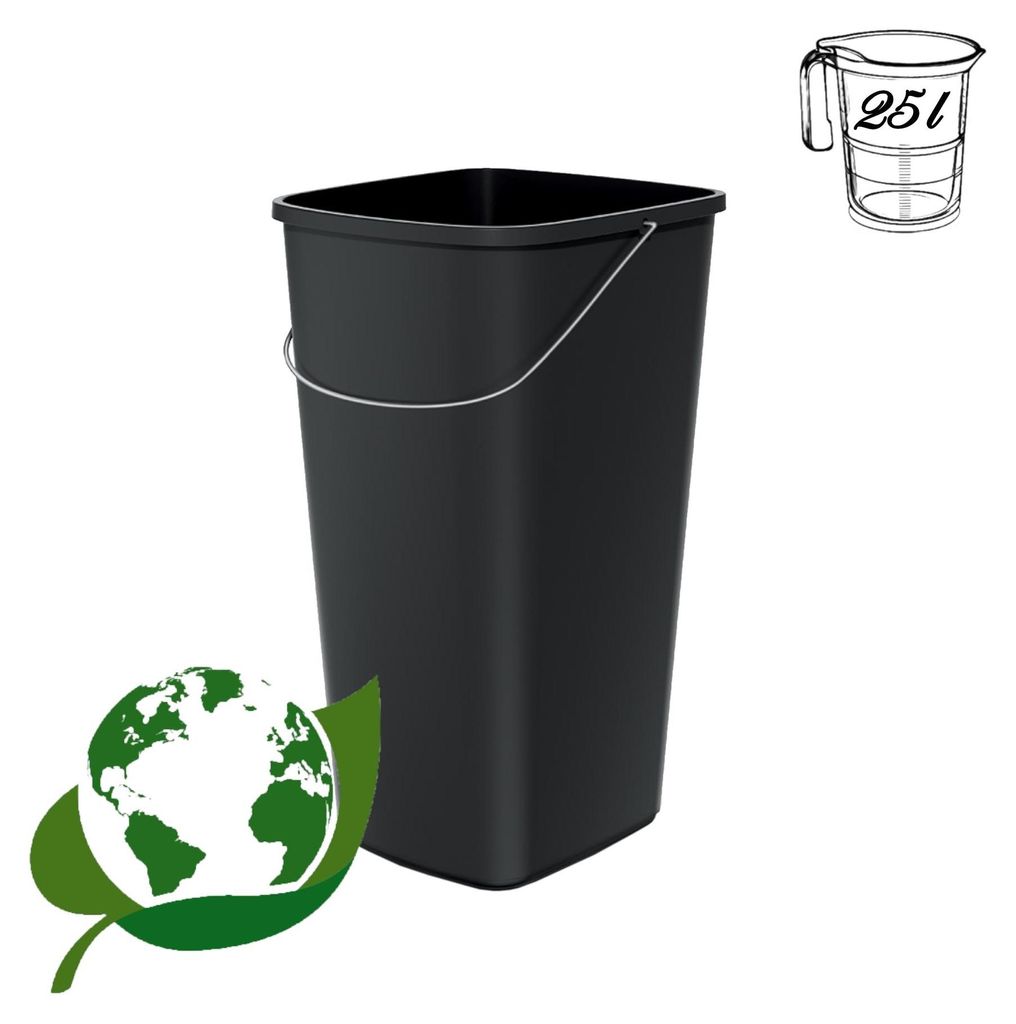 A black trash can with a metal handle is shown on a white background. An illustration of a measuring cup with '25l' written on it is in the top right corner. A green leaf with a globe on it is in the bottom left corner.