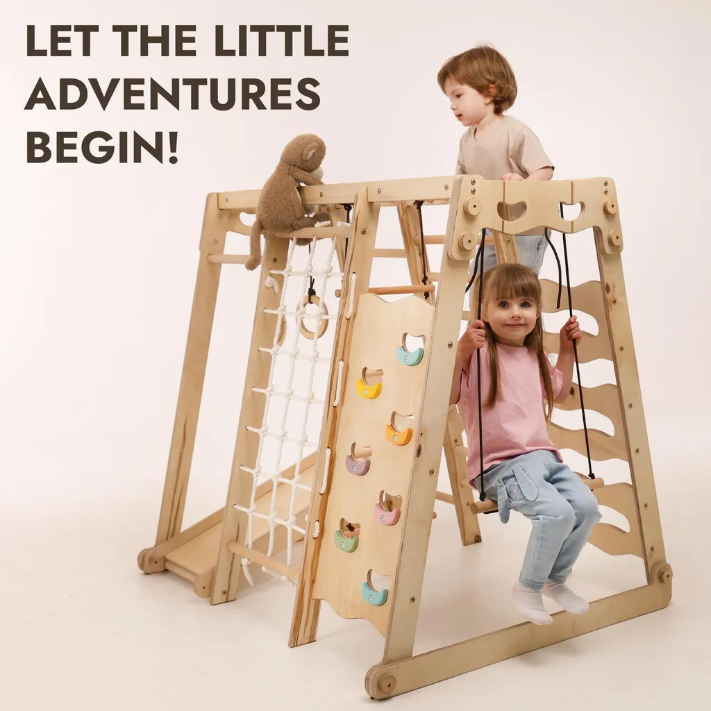 Structure d'escalade 9 en 1 Montessori en bois avec toboggan et balançoire Structure d'escalade 9 en 1 Montessori en bois avec toboggan et balançoire